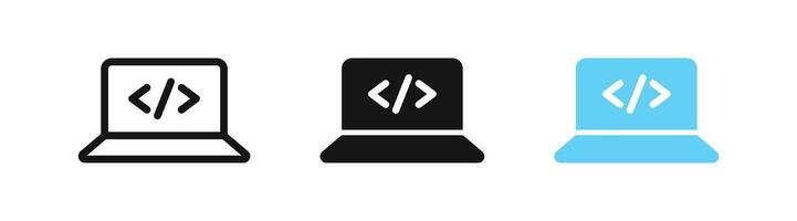 code Aan laptop icoon. software ontwikkelen symbool. computer toepassing tekens. api technologie symbolen. website programmeur pictogrammen. zwart, blauw kleur. vector teken.