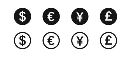 dollar, euro, pond, en yen pictogrammen. valuta symbool. geld tekens. contant geld symbolen. munt icoon. zwart kleur. vector teken.