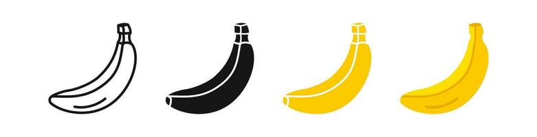 banaan symbool. Pel fruit tekens. tropisch voedsel symbolen. tekenfilm ontwerp rijp banaan pictogrammen. zwart, geel, vlak kleur. vector teken.