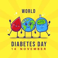 platte ontwerp wereld diabetes dag. diabetes dag vectorillustratie met glucosemeter, bloed en wereldkarakter. vector