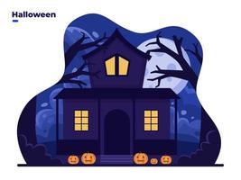 Halloween oud eng huis met gloedvensters bij nacht cartoon vectorillustratie. spookhuis met halloween-versieringen. kan worden gebruikt voor wenskaart, uitnodiging, ansichtkaart, banner, web, poster.. vector