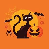 Happy halloween-dag, vleermuis en spin op tekst, schattige pompoen griezelige enge glimlach en zwarte kat partij geïsoleerd op een witte achtergrond, vectorillustratie, teken element vector
