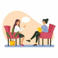 vrouw Bij psycholoog afspraak praat over haar problemen. psychologisch helpen en overleg. steun. vector