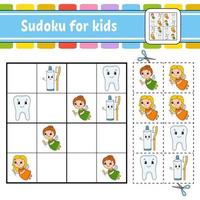 sudoku voor kinderen. onderwijs ontwikkelen werkblad. activiteitenpagina met foto's. puzzelspel voor kinderen. logisch denken opleiding. geïsoleerde vectorillustratie. grappig karakter. cartoon-stijl. vector