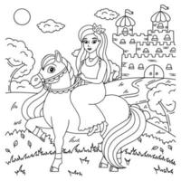 schattig paard met prinses. boerderijdier. kleurboekpagina voor kinderen. stripfiguur in stijl. vectorillustratie geïsoleerd op een witte achtergrond. vector