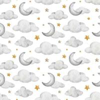 manen, wolken en sterren. halve maan maan. waterverf kinderkamer naadloos patroon. schattig baby achtergrond. ontwerp voor kinderen goederen, kleren, textiel, ansichtkaarten, baby douche, behang en kinderen kamer vector