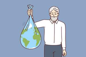 oud Mens nesten milieu door Holding vuilnis zak in vorm van planeet aarde, verontreiniging milieu vector