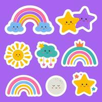 regenboog en ster tekenfilm verzameling van stickers voor kinderen. klem kunst van stickers met regenboog, ster, wolk, maan, zon. perfect voor kinderen motivatie en prestatie, dagboek, beloning grafiek, waardering. vector