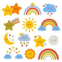 grappig vector icoon reeks van regenboog, zon, wolk, maan, ster. kinderachtig verzameling van weer elementen. schattig regenboog klem kunst voor vakantie, kinderkamer decoratie, baby douche, kleding afdrukken, uitnodiging, kaart.