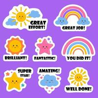 verzameling van school- beloning stickers voor kinderen, aanmoediging, motivatie etiketten, badges voor scholieren, kinderen. Super goed functie, mooi zo functie, succes, Proficiat, uitstekend werk etiketten met regenbogen, sterren. vector