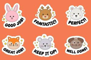 kinderen beloning stickers verzameling met schattig grappig dieren. prijs, prestatie, bemoedigend, etiketten voor motivatie van succes. nuttig voor docent, beloning voor kinderen. mooi zo functie, groot, geweldig, perfect. vector