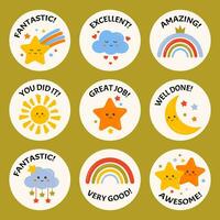 verzameling van school- beloning stickers voor kinderen, aanmoediging, motivatie etiketten, badges voor scholieren, kinderen. Super goed functie, mooi zo functie, succes, Proficiat, uitstekend werk etiketten met regenbogen, sterren. vector