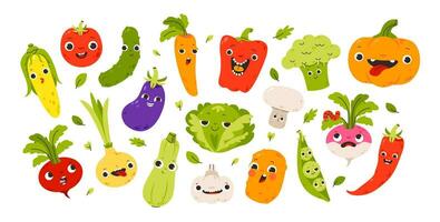schattig groenten met gezichten. kinderen grappig voedsel karakter vector set. biologisch gezond voedsel