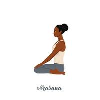 vrouw aan het doen yoga voor yoga dag viering. held of virasana. vector