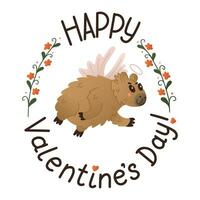 vliegend schattig hand- getrokken capibara met valentijnsdag groet. st valentijnsdag dag typografisch poster. schattig vlak dier karakter met Vleugels net zo engel en met bloemen kader. geïsoleerd Aan wit achtergrond vector