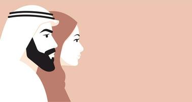 profiel portretten van een Arabisch vrouw en Mens blijven kant door kant. oostelijk etnisch mensen hoofd en schouders kant visie portretten. horizontaal spandoek. vector