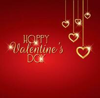 gelukkig valentijnsdag dag rood achtergrond met hangende gouden hart ornament hangers vector