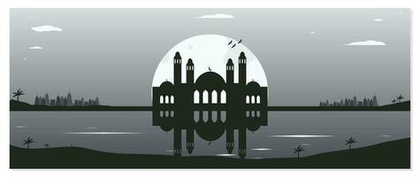 moskee silhouet achtergronden met stedelijk gebouwen en vol maan in de achtergrond vector