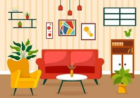 huis decor vector illustratie met leven kamer interieur en meubilair zo net zo comfortabel bank, venster, stoel, huis planten en accessoires