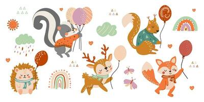 reeks van schattig Woud dieren met ballonnen. vector illustratie in hand- getrokken stijl. hert, eekhoorn, stinkdier, egel, vos, regenboog, wolken in vlak stijl. kinderen creatief illustratie.