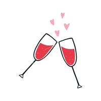 wijn bril klinken, hand- getrokken tekenfilm vlak vector illustratie geïsoleerd Aan wit. schattig tekening met grunge textuur. proost met rood wijn bril. liefde en valentijnsdag dag partij viering.