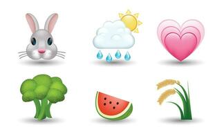 6 emoticon geïsoleerd Aan wit achtergrond. geïsoleerd vector illustratie. konijn, wolk met zon en regendruppel, broccoli, watermeloen, hangende rijst- oren vector emoji illustratie. 3d illustratie set.