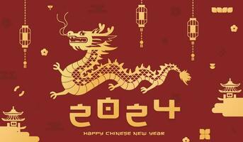 vector illustratie van 2024 Chinese nieuw jaar van de draak in meetkundig stijl. gouden symbool van de maan- nieuw jaar 2024 Aan een rood achtergrond. ontwerp voor achtergrond, banners en posters