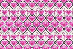 etnisch patroon met harten en flamingo's in pixel kunst illustratie. vector naadloos patroon ontwerp voor kleding stof, tegel, inpakken, behang en achtergrond.