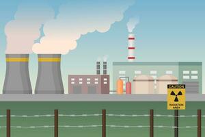 nucleair macht fabriek met met weerhaken schutting. beperkt Oppervlakte. energie generatie fabriek. vector illustratie.