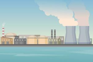 nucleair macht fabriek Oppervlakte naast de zee. hernieuwbaar energie. vector illustratie.