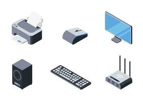 3d printer, monitor, toetsenbord, router, computer muis, muziek- spreker. reeks van isometrische pictogrammen van apparaten, apparaatje. verzameling van kantoor digitaal technologie artikelen. vector illustratie in isometrische stijl