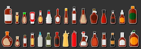 illustratie op thema grote kit gevarieerd glazen flessen gevuld vloeibare saus ketchup vector