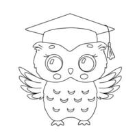 schattig weinig uil met leerling diploma uitreiking hoed. vector schets schetsen voor kinderachtig kleur boek. baby vogel voor kinderen