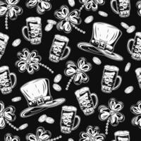 st patricks dag naadloos patroon met elf van Ierse folklore hoed, bier, verspreide munten, klaver bladeren Aan zwart achtergrond. wijnoogst illustratie voor vakantie ontwerp vector