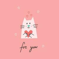 vector kaart met schattig kat Holding hart