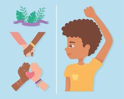 afro-amerikaanse jongenshand omhoog en diverse handen samen vector