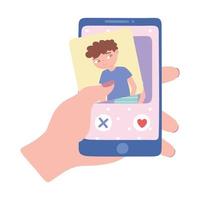 hand houdt smartphone vast op zoek naar romantische relatie, dating-app vector