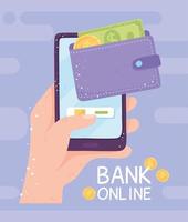 online bankieren hand met smartphone mobiele app geld portemonnee vector