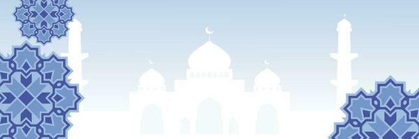 Islamitisch blauw achtergrond, met mooi moskee en mandala silhouet ornamenten. vector sjabloon voor banier, groet kaart, poster, sociaal media voor Islamitisch vakantie.