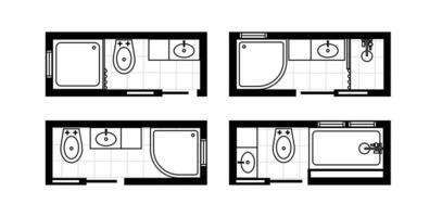 bouwkundig plannen voor badkamers, studio's en huizen. interieur verdieping plan en ontwerp elementen voor toilet, wasbak, bad en douche vector