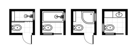 bouwkundig plannen voor badkamers, studio's en huizen. interieur verdieping plan en ontwerp elementen voor toilet, wasbak, bad en douche vector