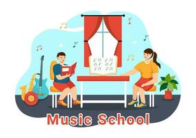 muziek- school- vector illustratie met spelen divers musical instrumenten, aan het leren onderwijs muzikanten en zangers in vlak kinderen tekenfilm achtergrond