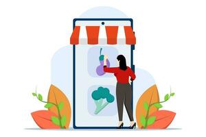 kruidenier voedsel concept. tekens kopen online vers biologisch groenten en andere boodschappen, betalen voor de bestellen en te ontvangen levering. online supermarkt concept. vlak vector illustratie.