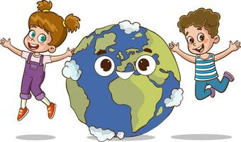 vector illustratie van gelukkig kinderen jumping in de omgeving van de aarde.