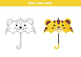 spoor en kleur schattig tekenfilm tijger paraplu . werkblad voor kinderen. vector