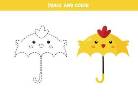 spoor en kleur schattig tekenfilm geel kip paraplu. werkblad voor kinderen. vector