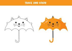 spoor en kleur schattig tekenfilm rood kat paraplu . werkblad voor kinderen. vector