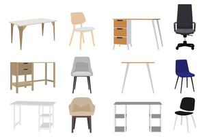 mooie verschillende bureaustoel en tafel voor freelancer met verschillende moderne ontwerpen vector