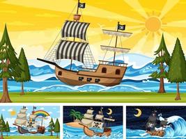 set van oceaan met piratenschip op verschillende tijdstippen scènes in cartoon-stijl vector