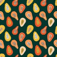 kleurenpatroon met plakjes papaja, passievrucht op groen. handgetekende exotische fruitstukken op lrepeating achtergrond. fruitig ornament voor textielprints en stoffenontwerpen. vector